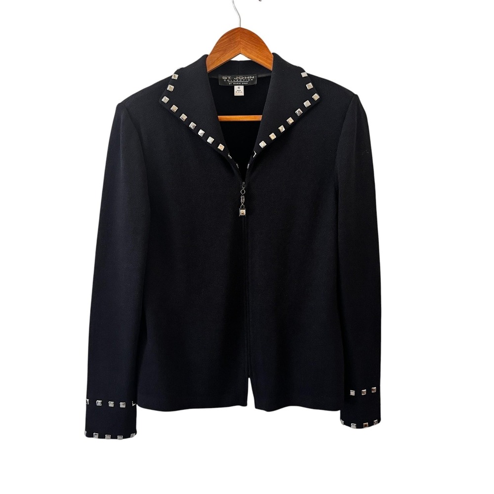 St John Collection Studded Full Zip Sweater Jacket Womens 6 Black Wool Blend